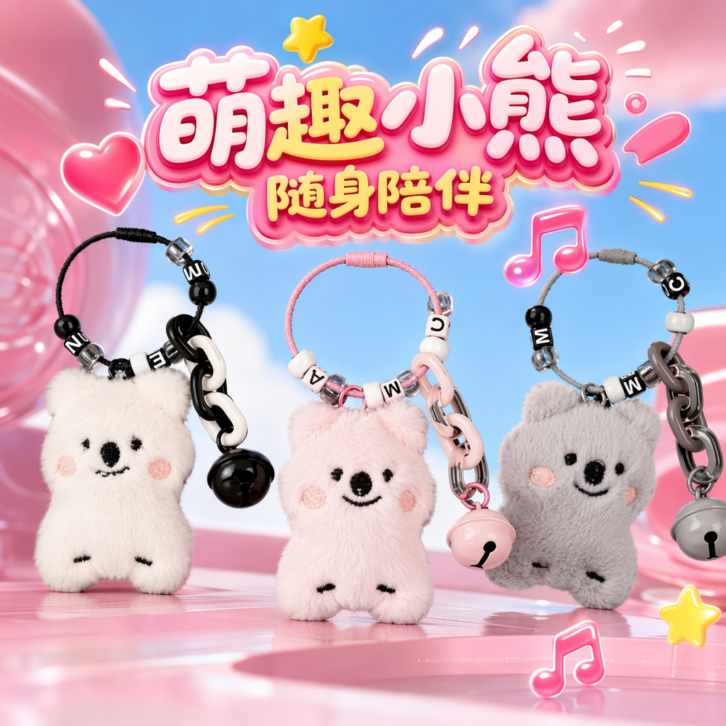 Three plush koala keychains with black, pink and grey theme decorative chains and bell keychains Specification image