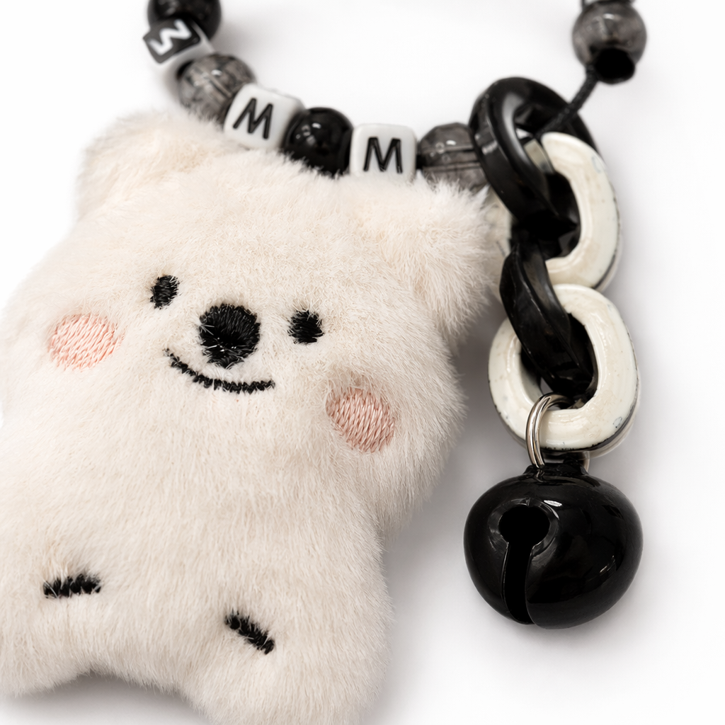 Three plush koala keychains with black, pink and grey theme decorative chains and bell keychains Application Scenario