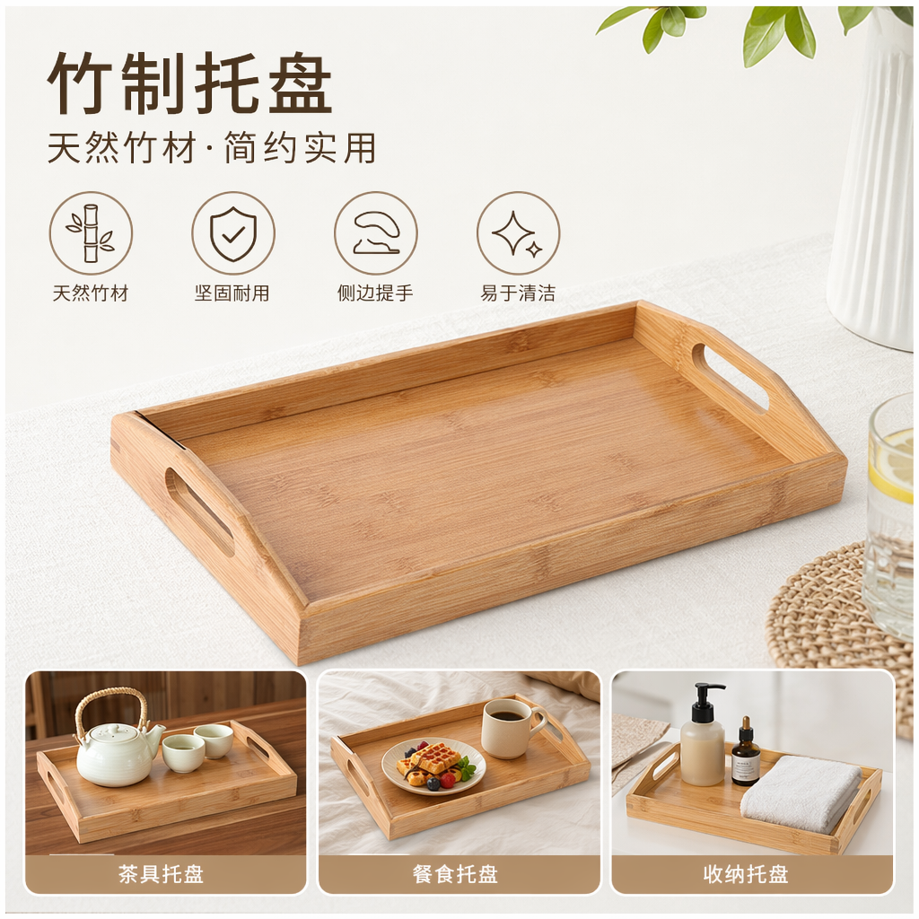 浅色竹制托盘家用客厅茶几收纳盘简约北欧风
