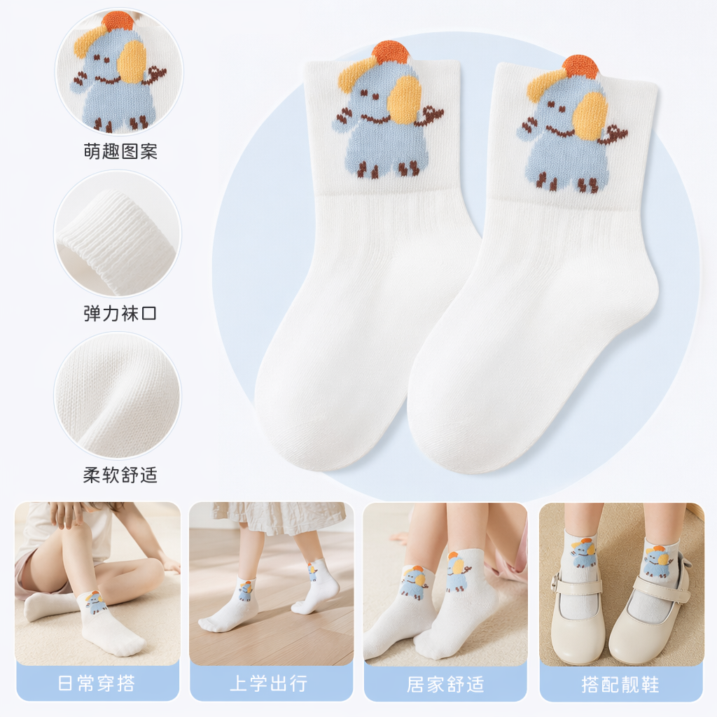 白色卡通小象图案棉质袜子 男女通用舒适透气