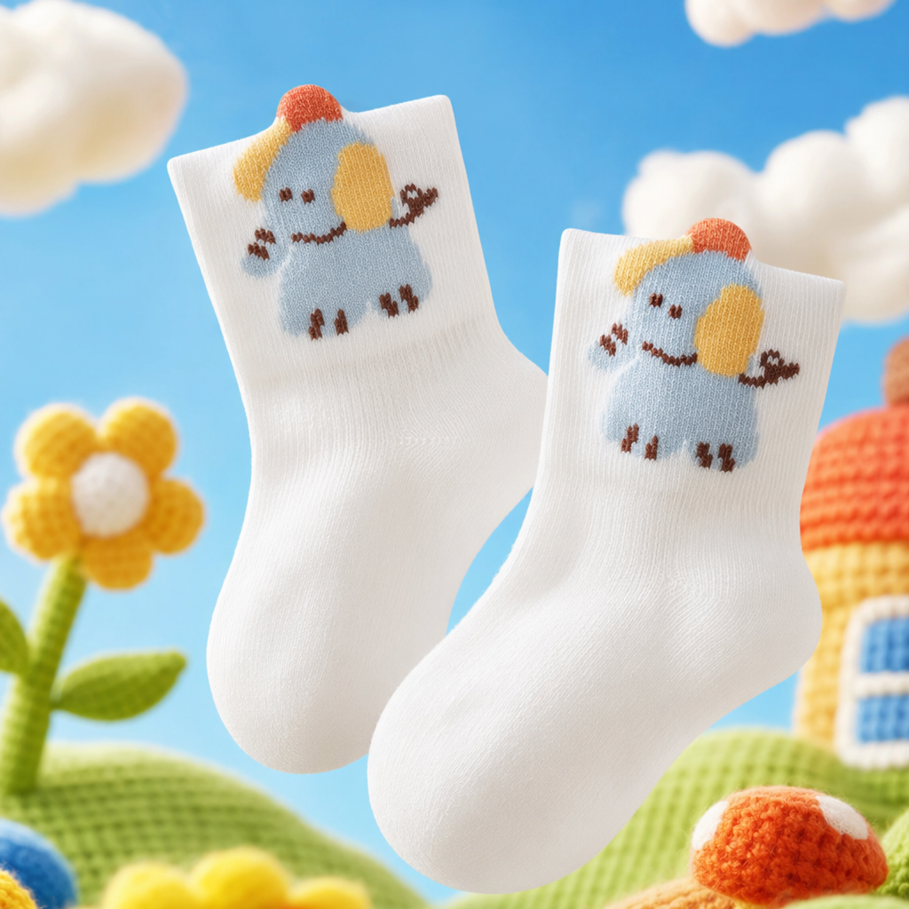 White Cartoon Elephant-Patterned Cotton Socks For Both Men And Women, Comfortable And Breathable Specification drawing