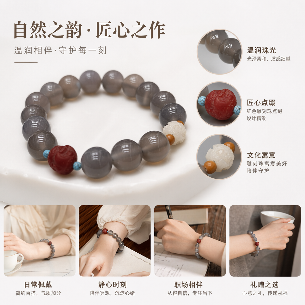 灰褐色珠串手链点缀红玛瑙蓝松石白玉雕件