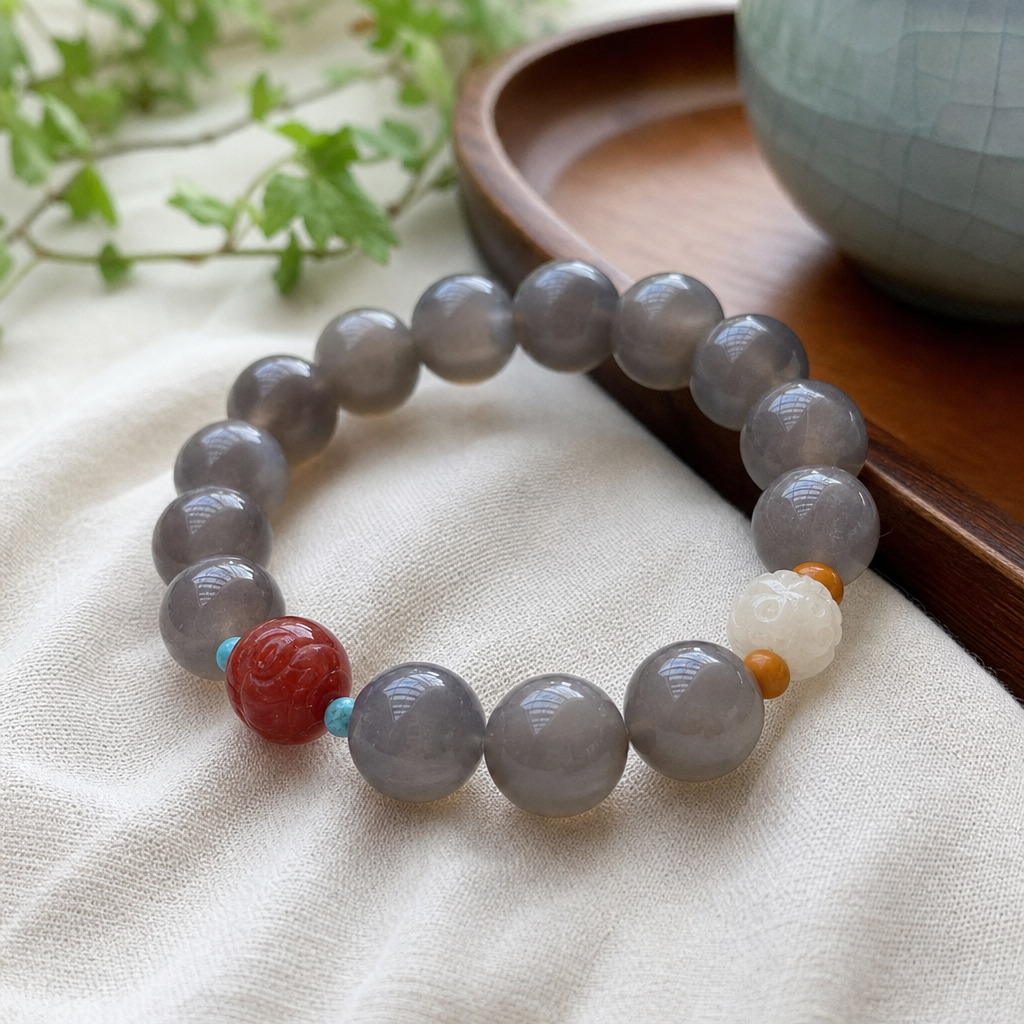 The greyish-brown beaded bracelet is decorated with red agate, blue turquoise and white jade carvings details Picture