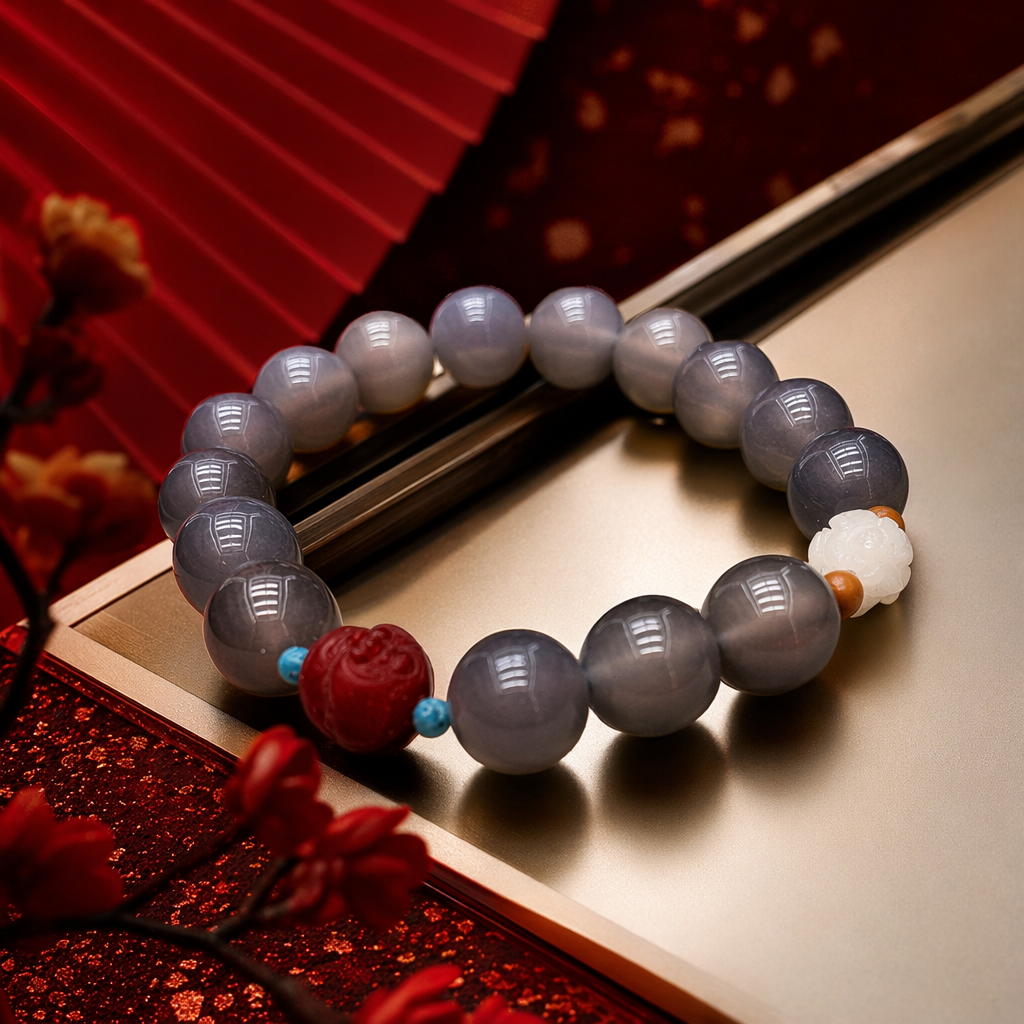 The greyish-brown beaded bracelet is decorated with red agate, blue turquoise and white jade carvings Specification image