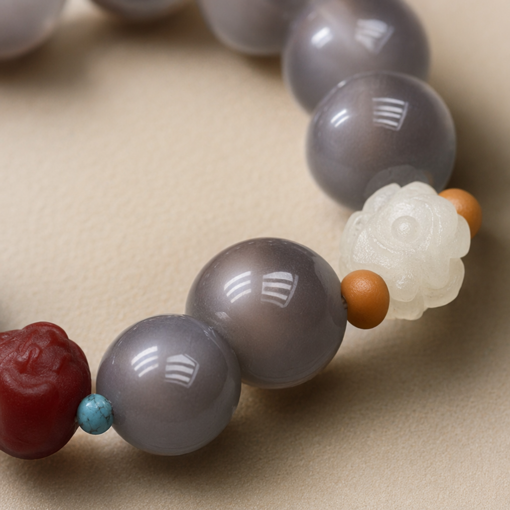 The greyish-brown beaded bracelet is decorated with red agate, blue turquoise and white jade carvings Application Scenario