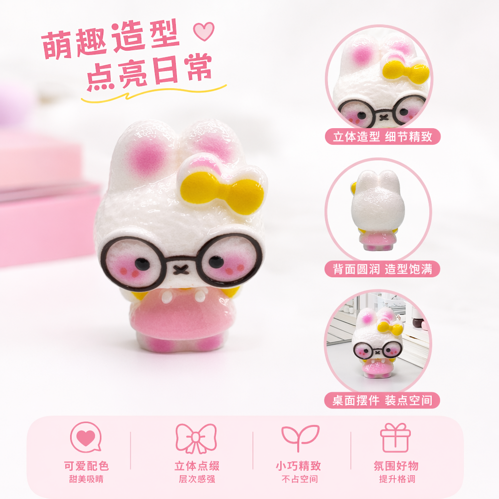 粉色兔子玩偶戴黑框眼镜黄蝴蝶结粉裙摆白色桌面背景图
