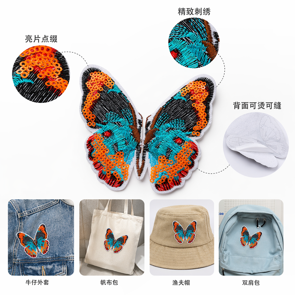 彩色亮片刺绣蝴蝶贴片 DIY手工装饰布料辅料
