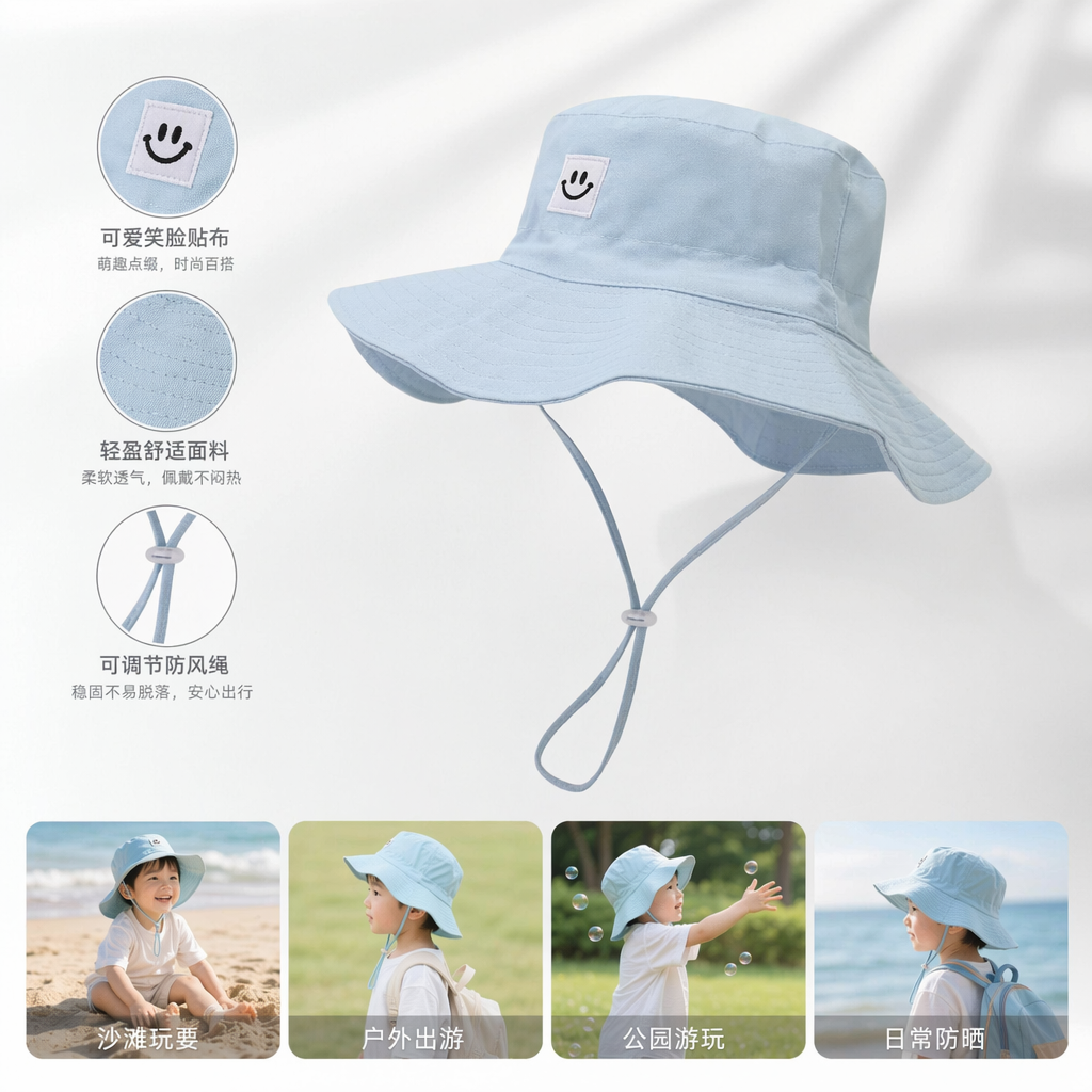 浅蓝色渔夫帽笑脸贴布可调节系带七色同款