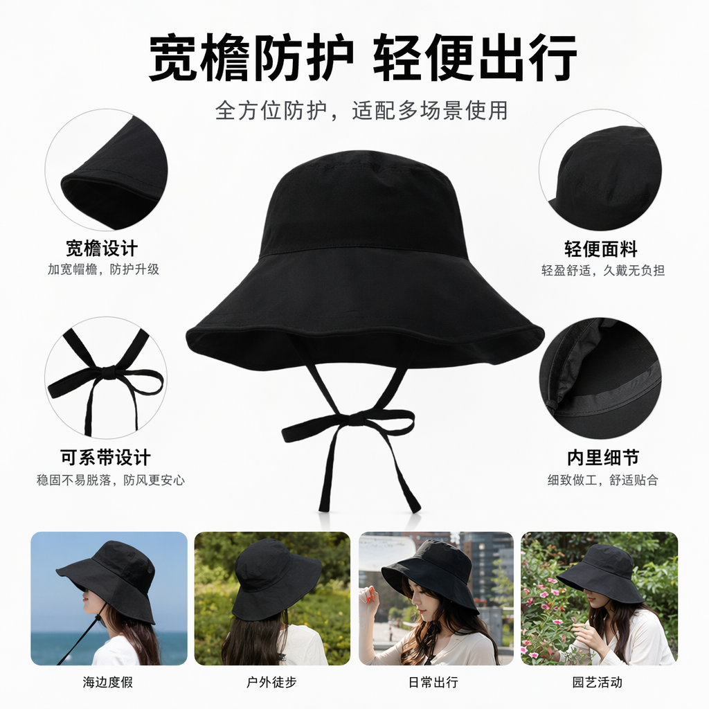黑色渔夫帽男女同款遮阳防晒可折叠休闲百搭帽