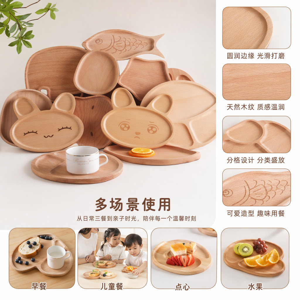 木质卡通造型餐盘组合 家用儿童餐具套装