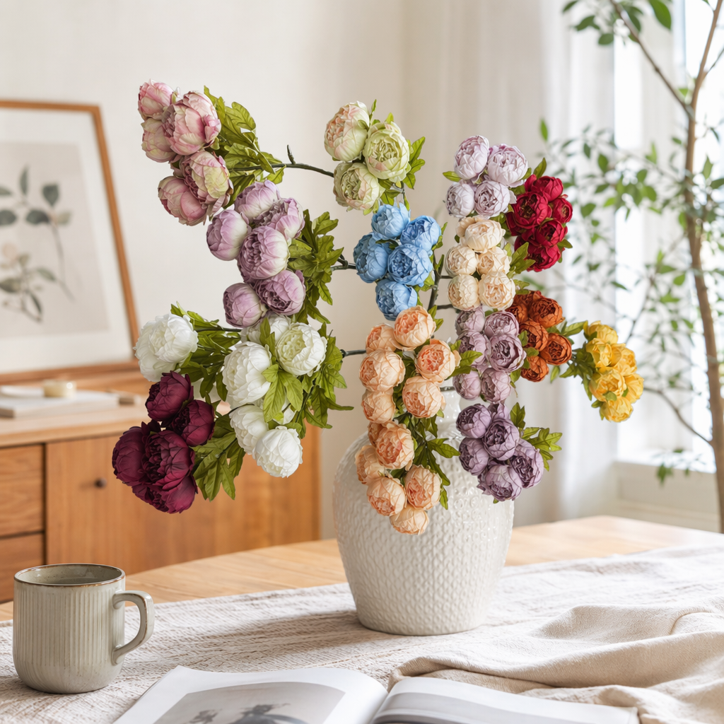 Colorful simulated peony bouquets, interior decorative items, wedding home flower arrangement art details Picture
