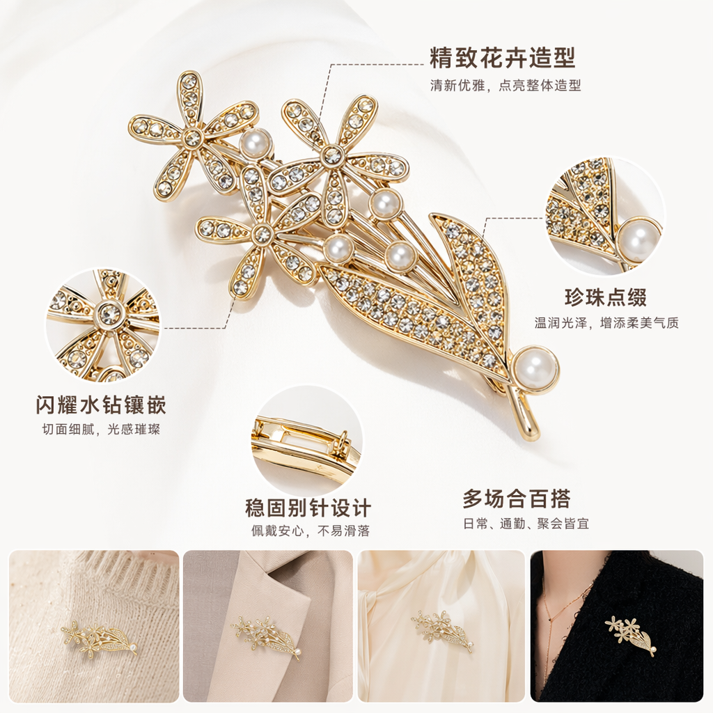 金色镶钻珍珠花朵发夹 优雅女士头饰饰品
