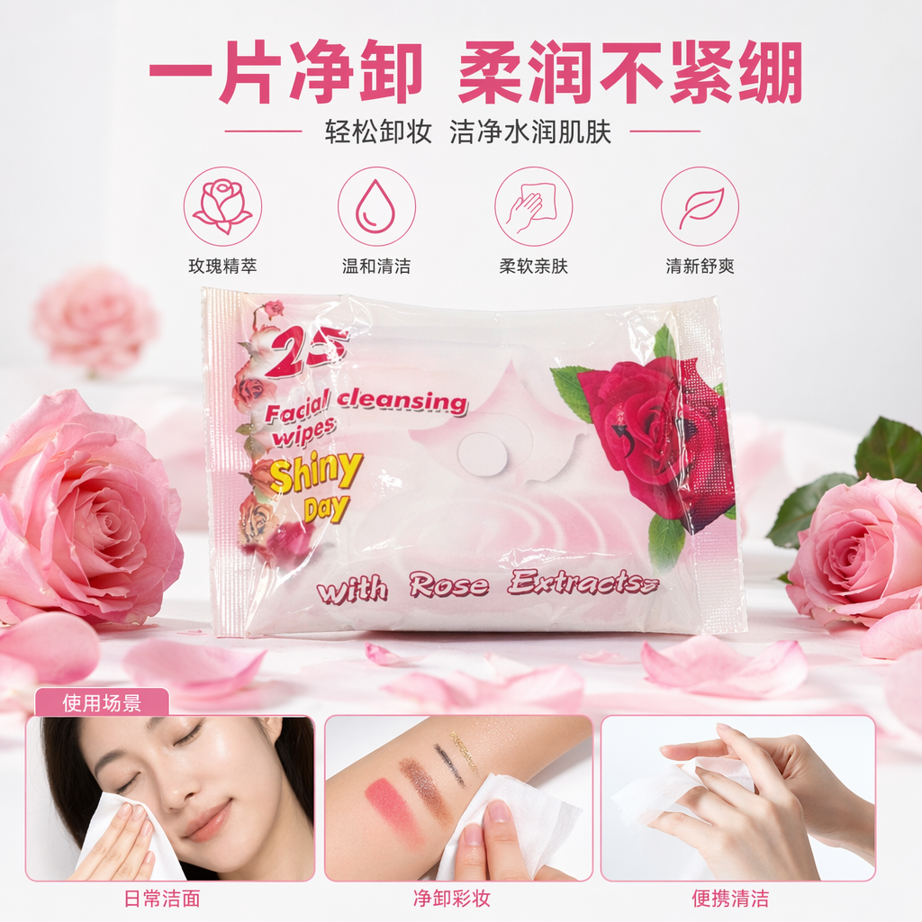 粉色包装面部清洁湿巾温和不刺激便携单片独立包装