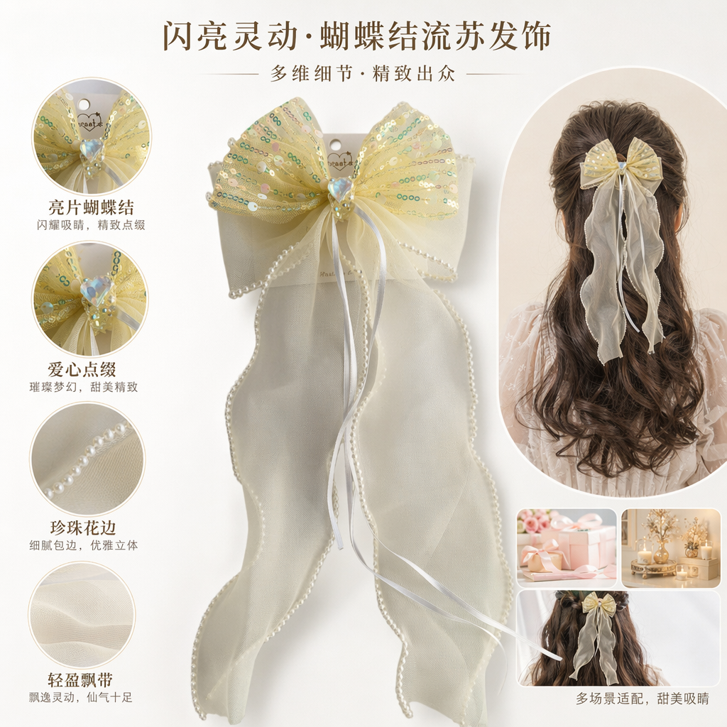 淡黄色亮片蝴蝶结发饰 女童可爱头饰日常装饰