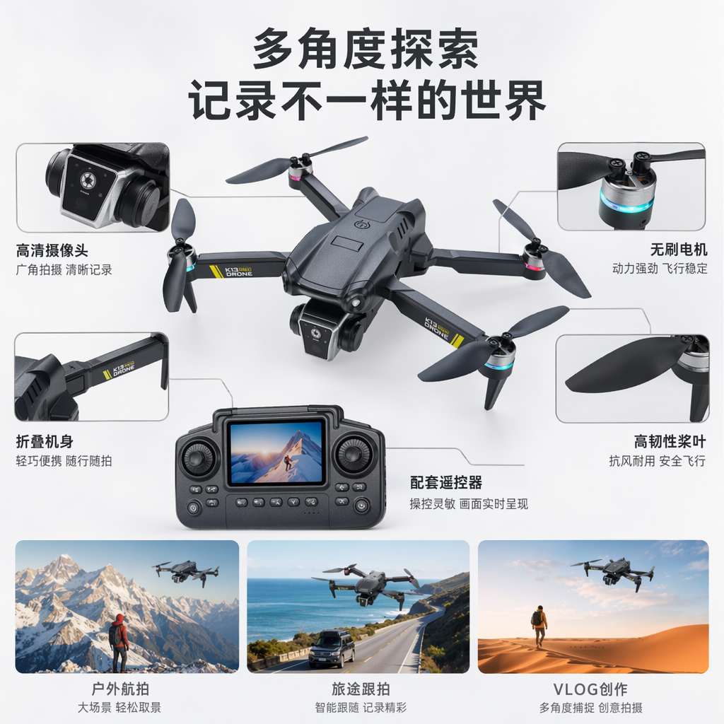黑色无人机碳纤维机身 4K航拍 远程操控智能避障