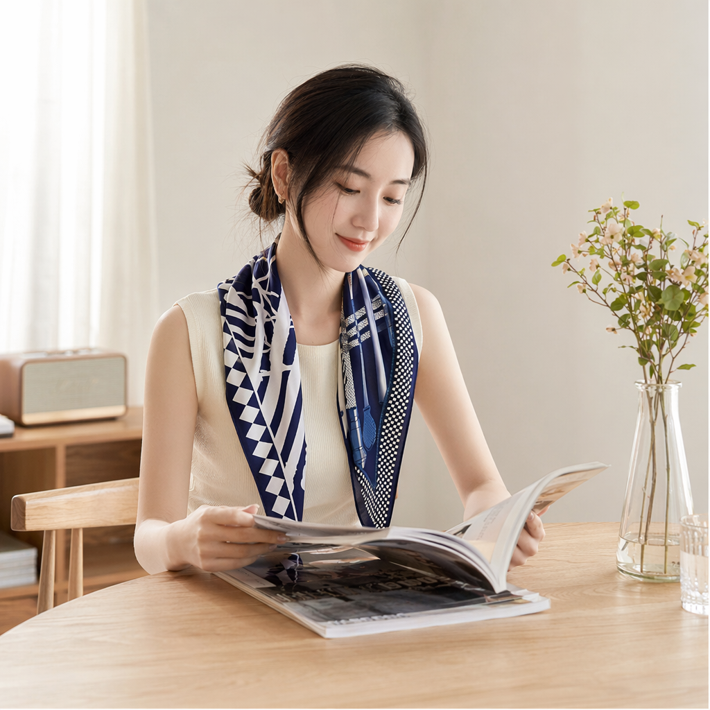 A thin, fashionable and versatile silk scarf with deep blue and white geometric patterns for women in spring and summer details Picture