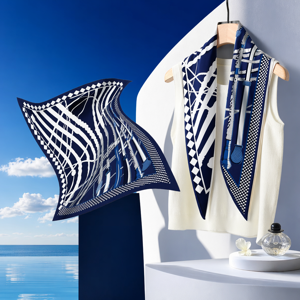 A thin, fashionable and versatile silk scarf with deep blue and white geometric patterns for women in spring and summer Specification image