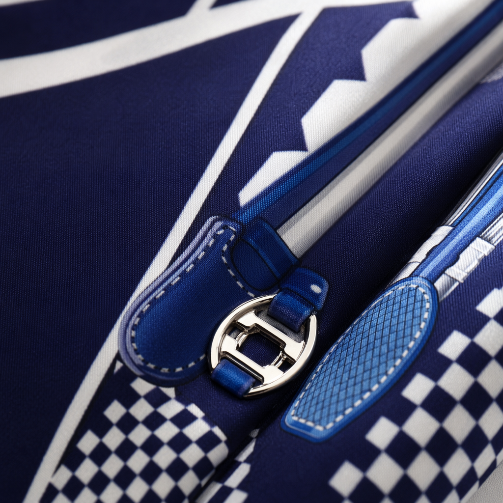A thin, fashionable and versatile silk scarf with deep blue and white geometric patterns for women in spring and summer Application Scenario