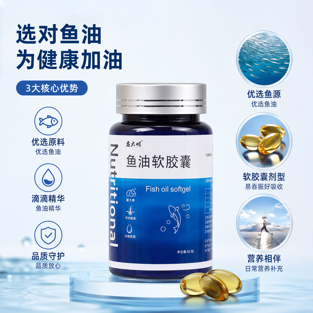 蓝色瓶身银盖鱼油软胶囊 深海Omega3营养补充剂