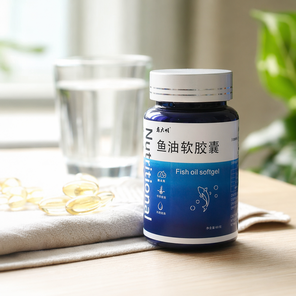 蓝色瓶身银盖鱼油软胶囊 深海Omega3营养补充剂产品图