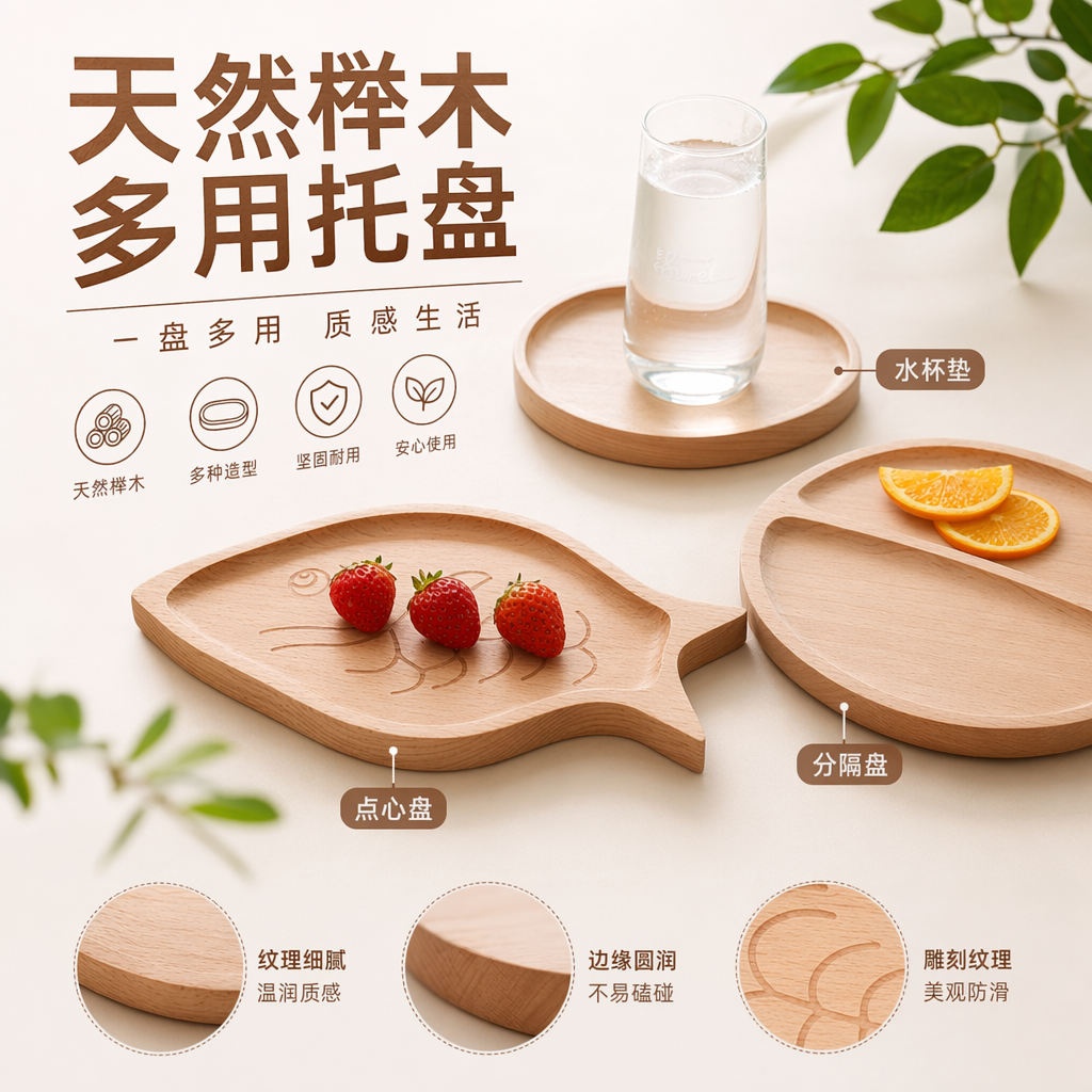 木质鱼形托盘圆形木盘配玻璃水杯家居茶几收纳摆件