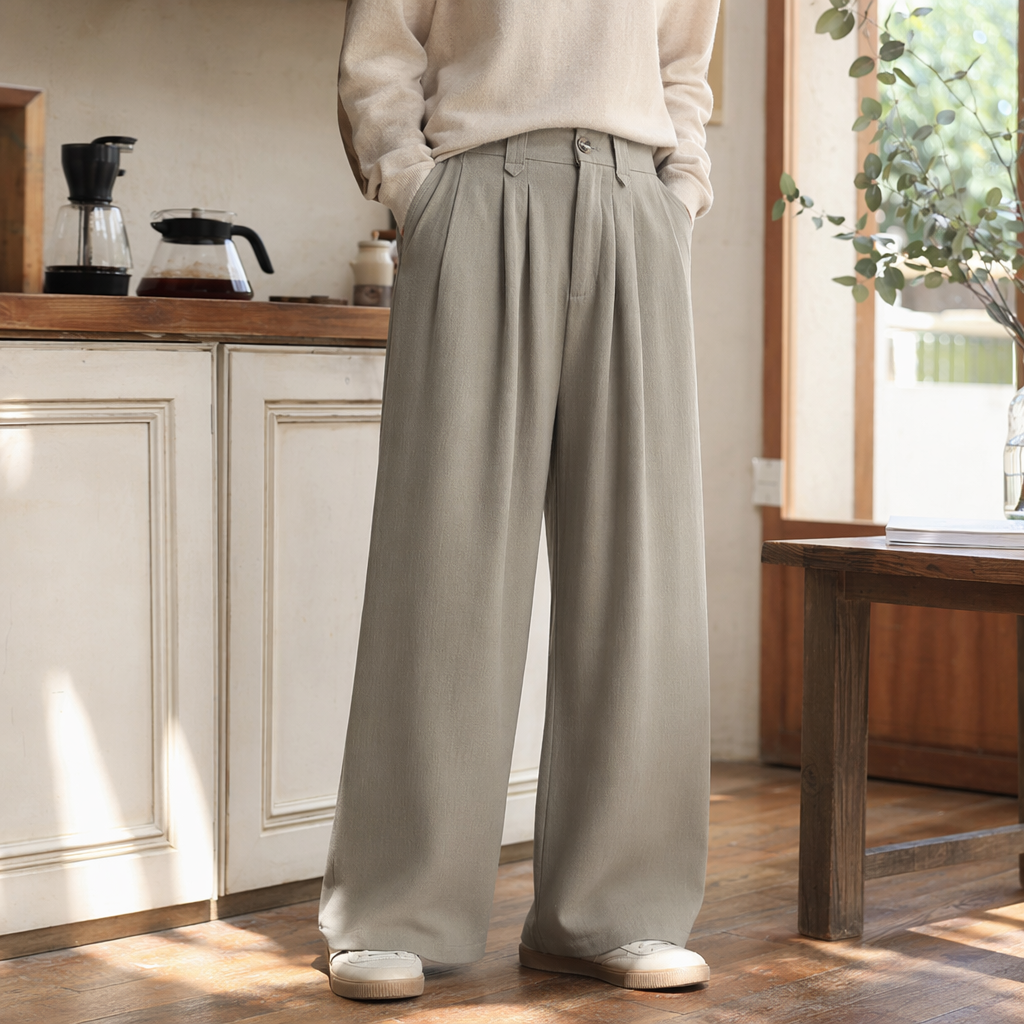 Light grey high-waisted wide-leg pants for women with a slimming look and a 90% drape, casual suit pants details Picture