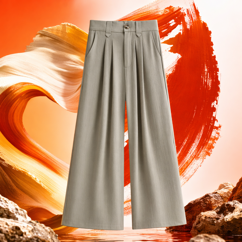 Light grey high-waisted wide-leg pants for women with a slimming look and a 90% drape, casual suit pants Specification image