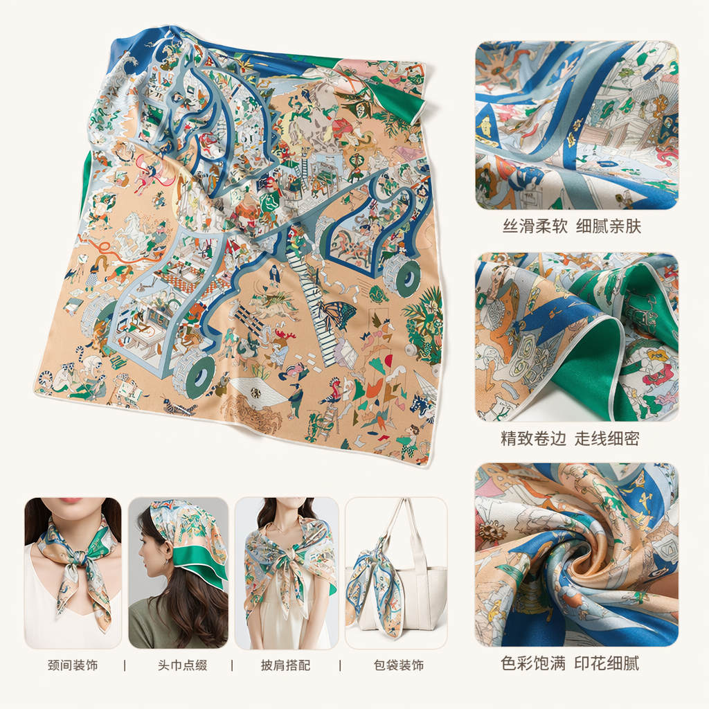 彩色插画丝巾 蓝边木马造型 海洋山峦背景 ACADEMIA HIPPICA