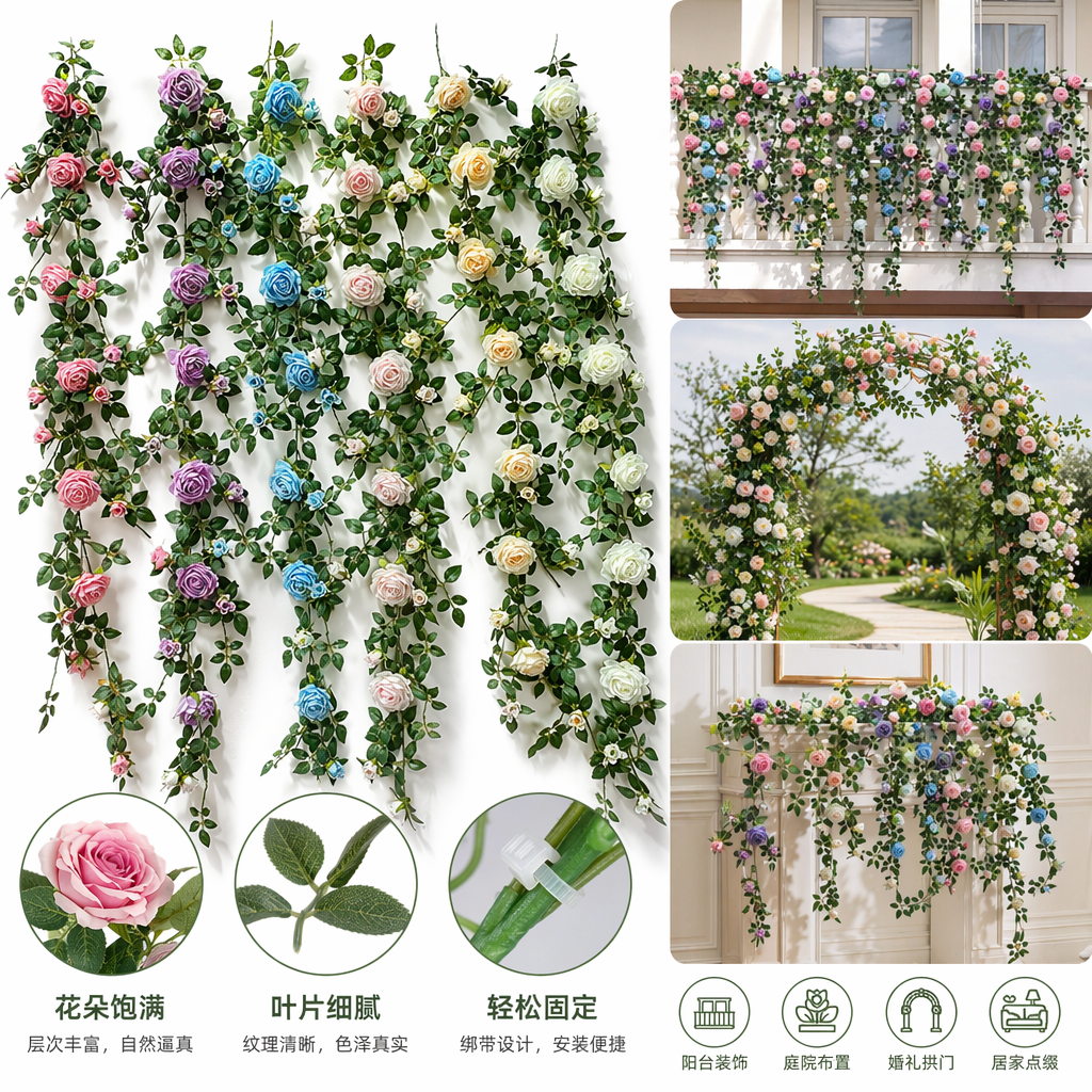 Colorful artificial rose vines are used for decorative floral arrangements wrapped with artificial flower vines