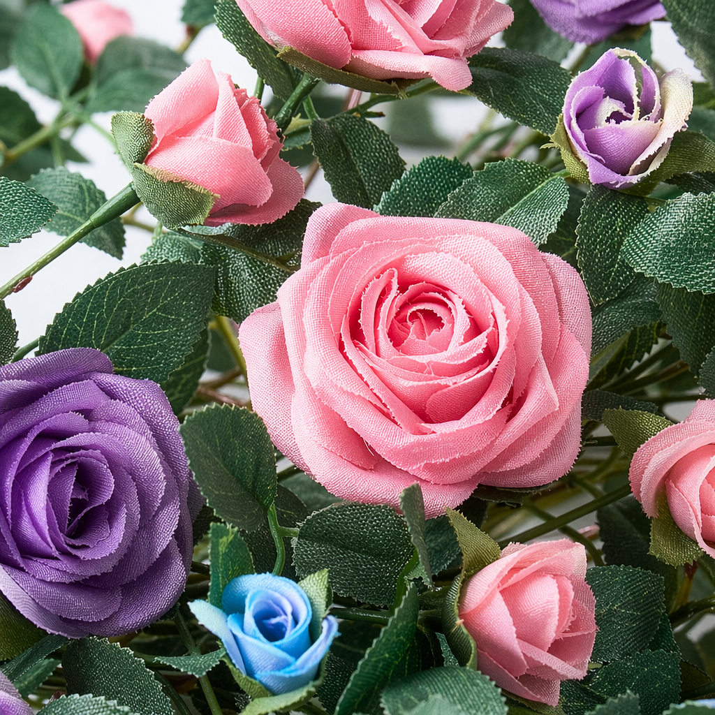Colorful artificial rose vines are used for decorative floral arrangements wrapped with artificial flower vines Application Scenario