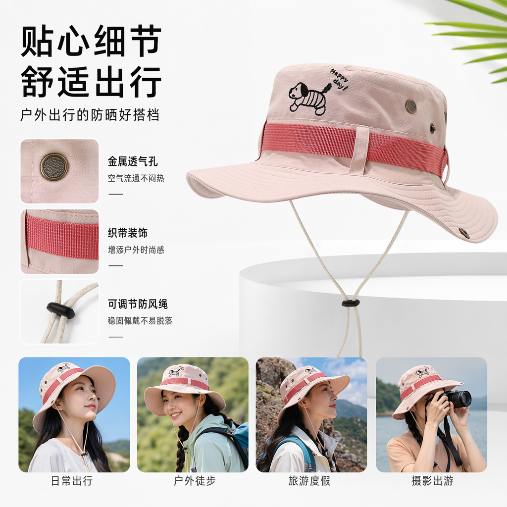 粉色渔夫帽小狗刺绣Happy day字样配红色织带抽绳