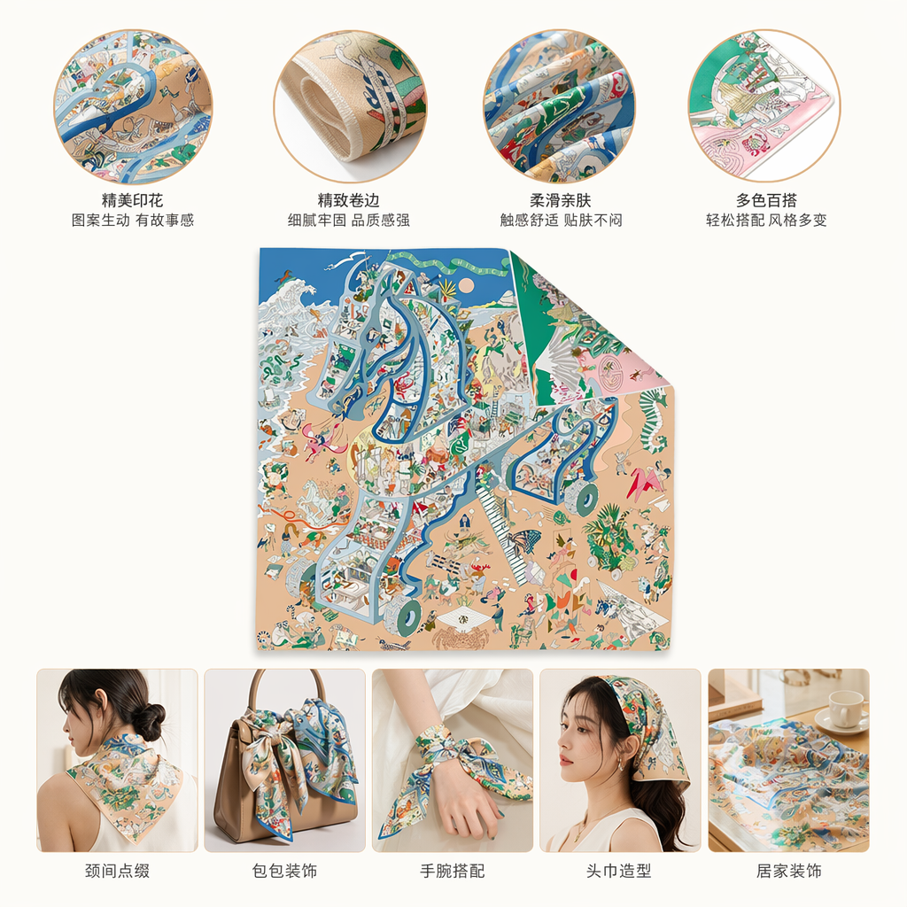 彩色插画真丝丝巾轻盈透气春夏百搭时尚配饰