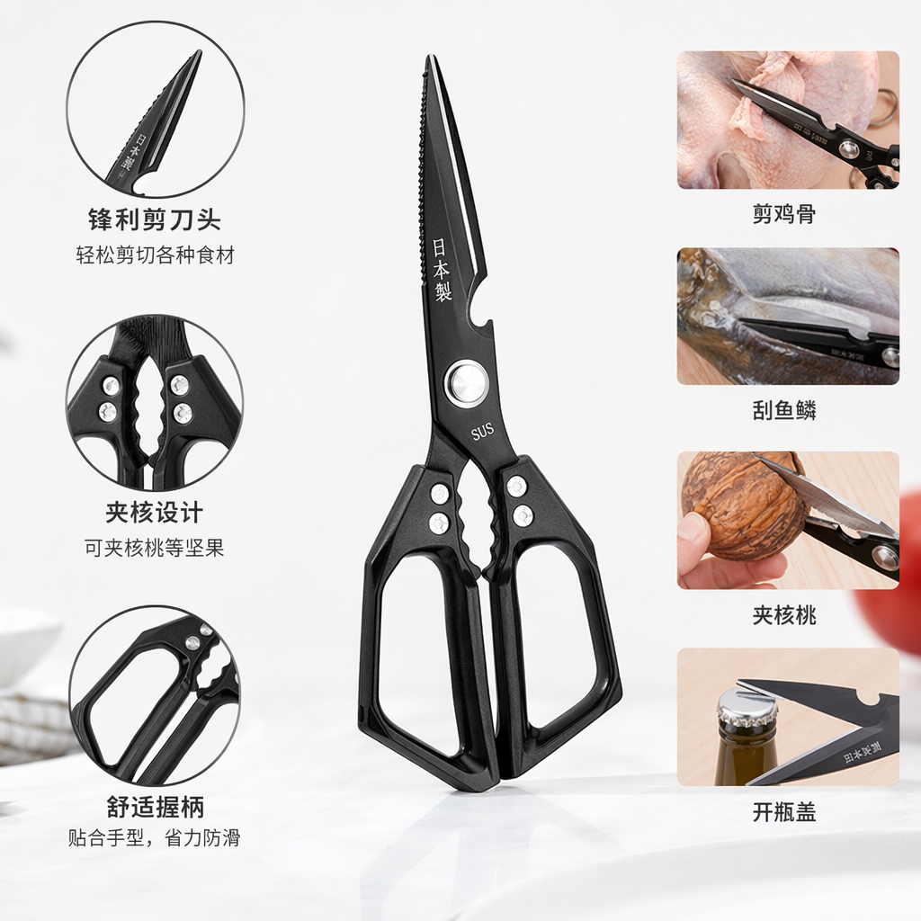 Black kitchen scissors, stainless steel household multi-functional kitchen scissors