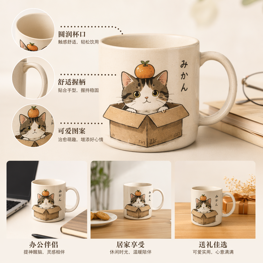 米白色陶瓷猫咪纸箱橙子插画马克杯 みかん日文款