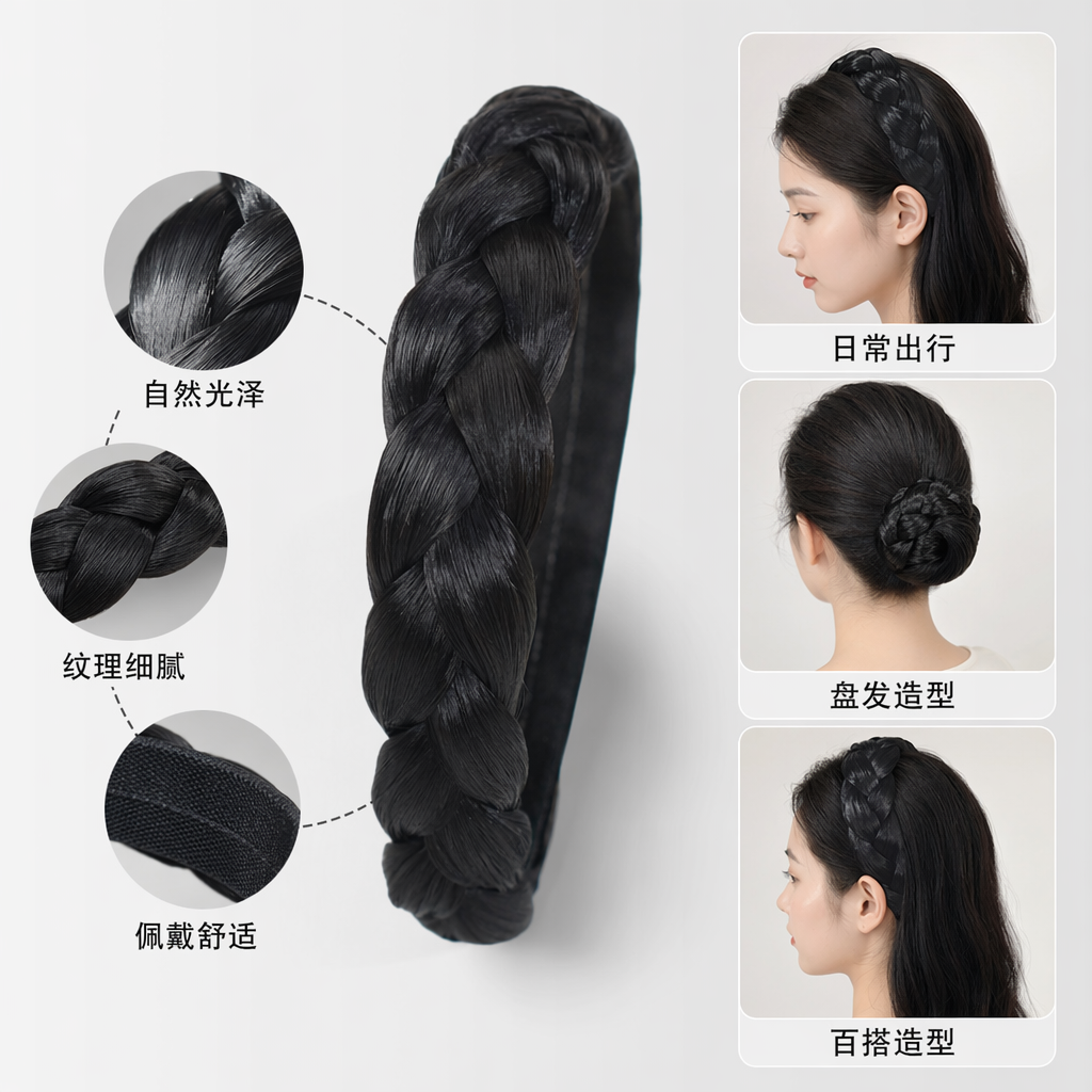 黑色编织发辫 时尚假发辫 自然垂坠感 可调节松紧