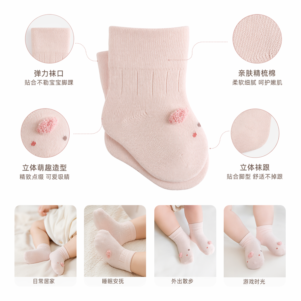 粉色婴儿袜纯棉柔软防滑新生儿宝宝袜子春秋款