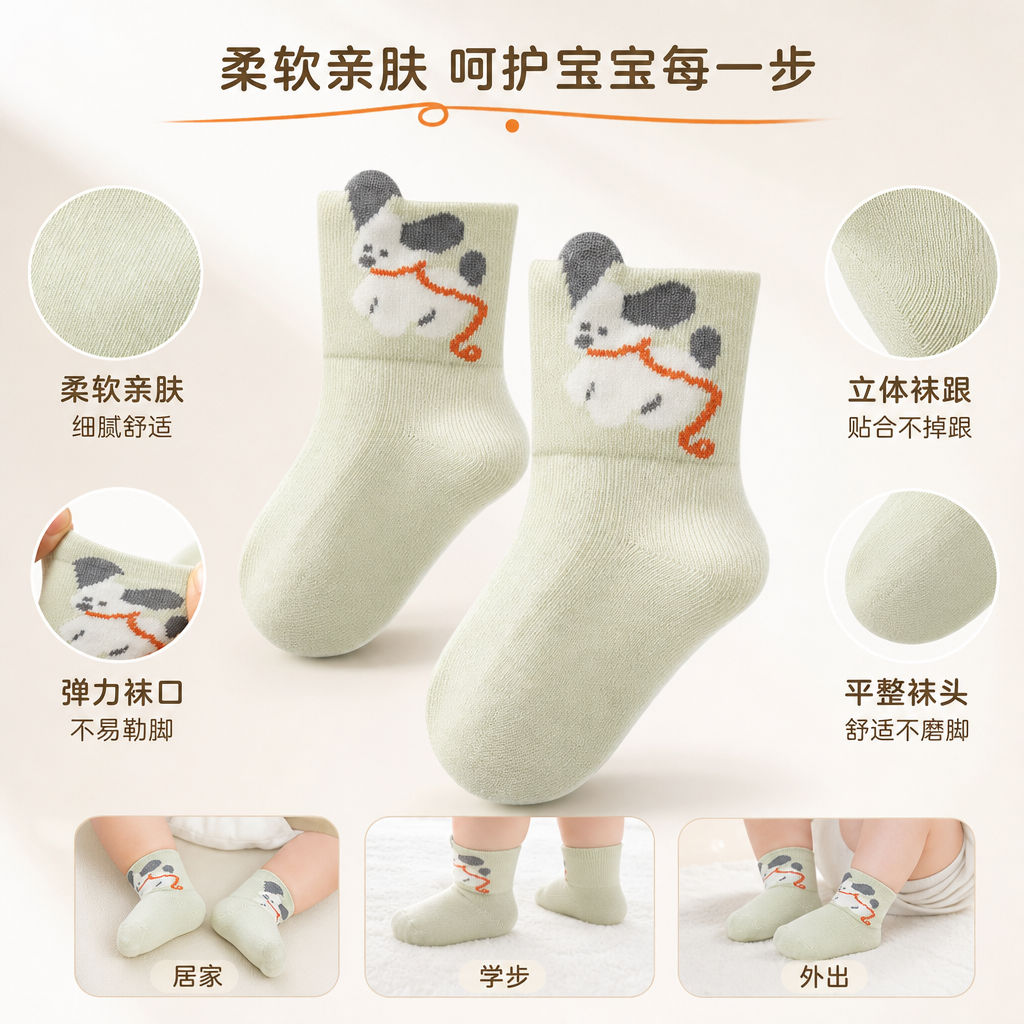 浅绿色卡通小狗图案纯棉袜子男女同款