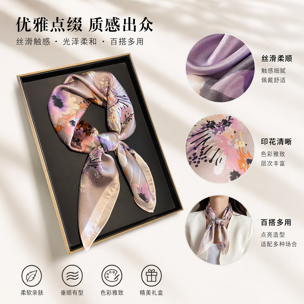 彩色花卉图案桑蚕丝巾100cm×100cm显瘦百搭通勤休闲