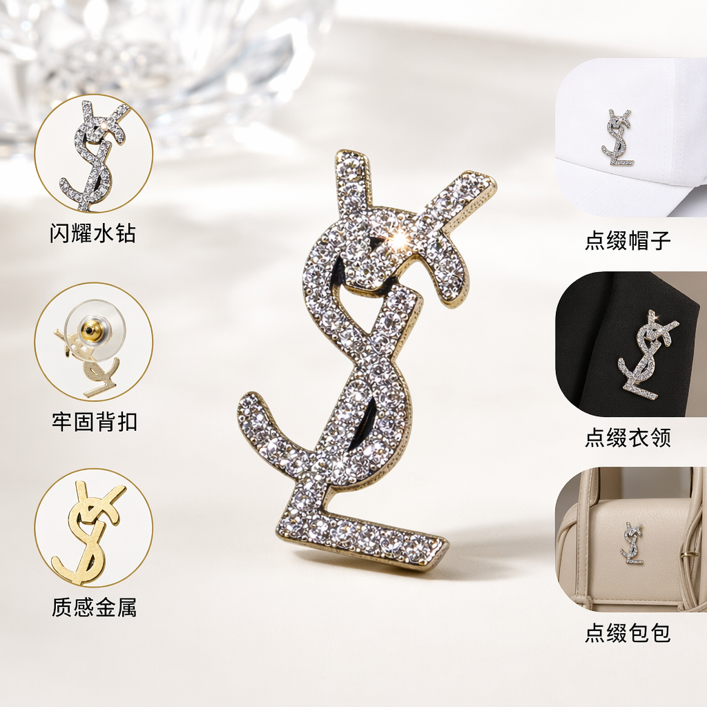 银色镶钻YSL标志女士手拿包时尚轻奢设计