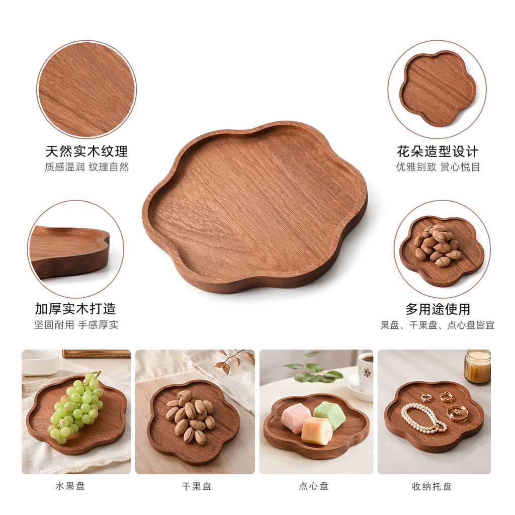 木质花瓣形托盘 天然实木青提杏仁碧根果零食盛放盘