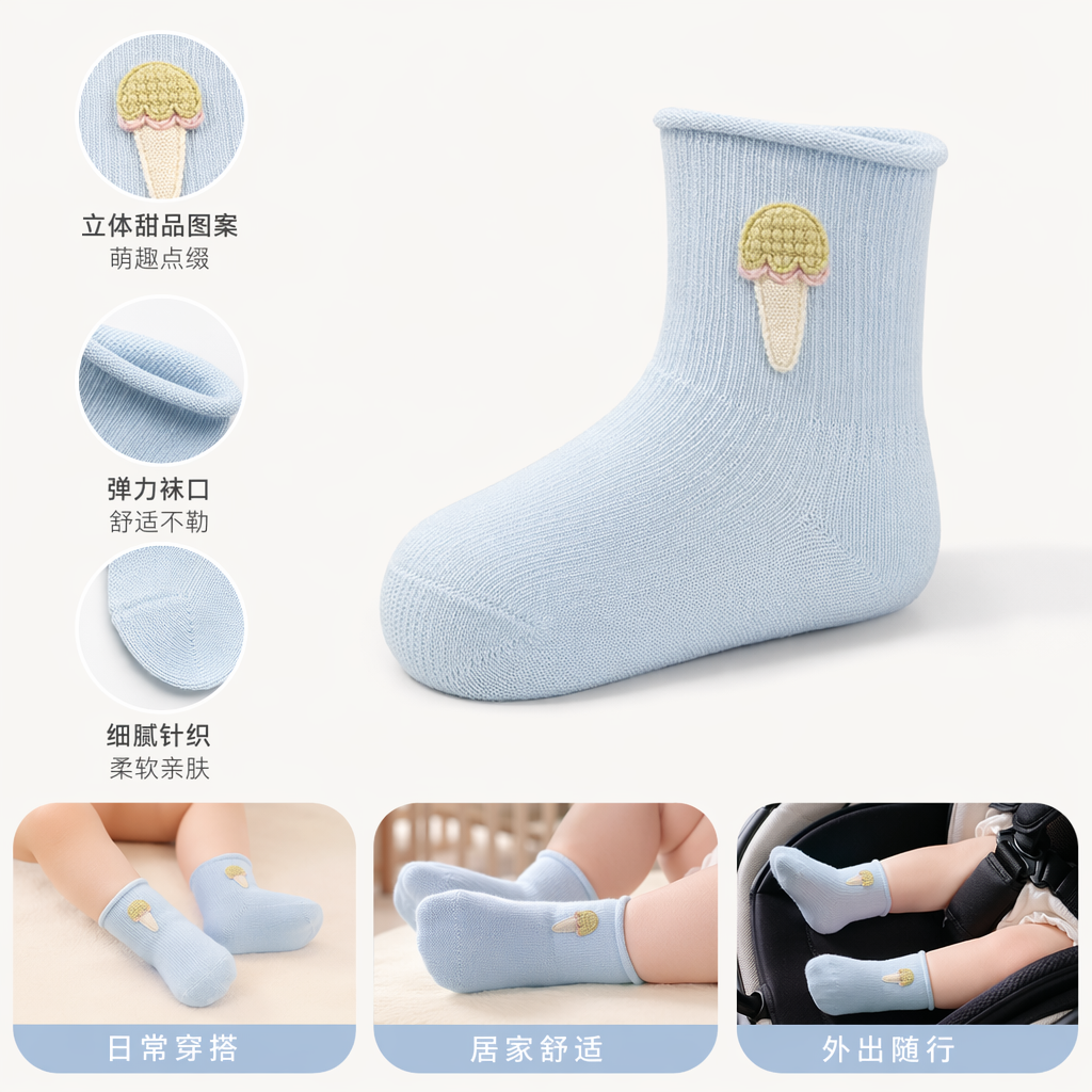 Light blue knitted socks with ice cream-shaped decorations at the top