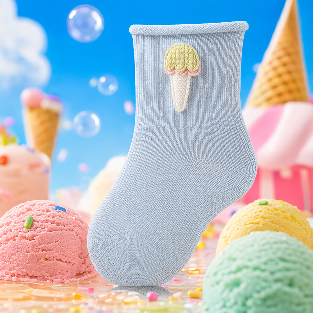 Light blue knitted socks with ice cream-shaped decorations at the top Specification image