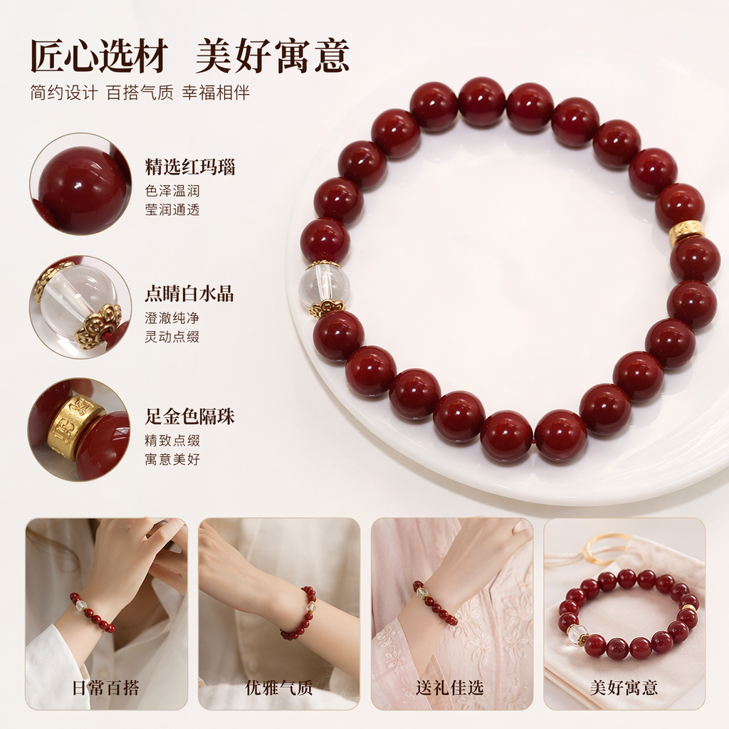 红色珠串手链 天然玛瑙珠 手腕饰品 男女通用