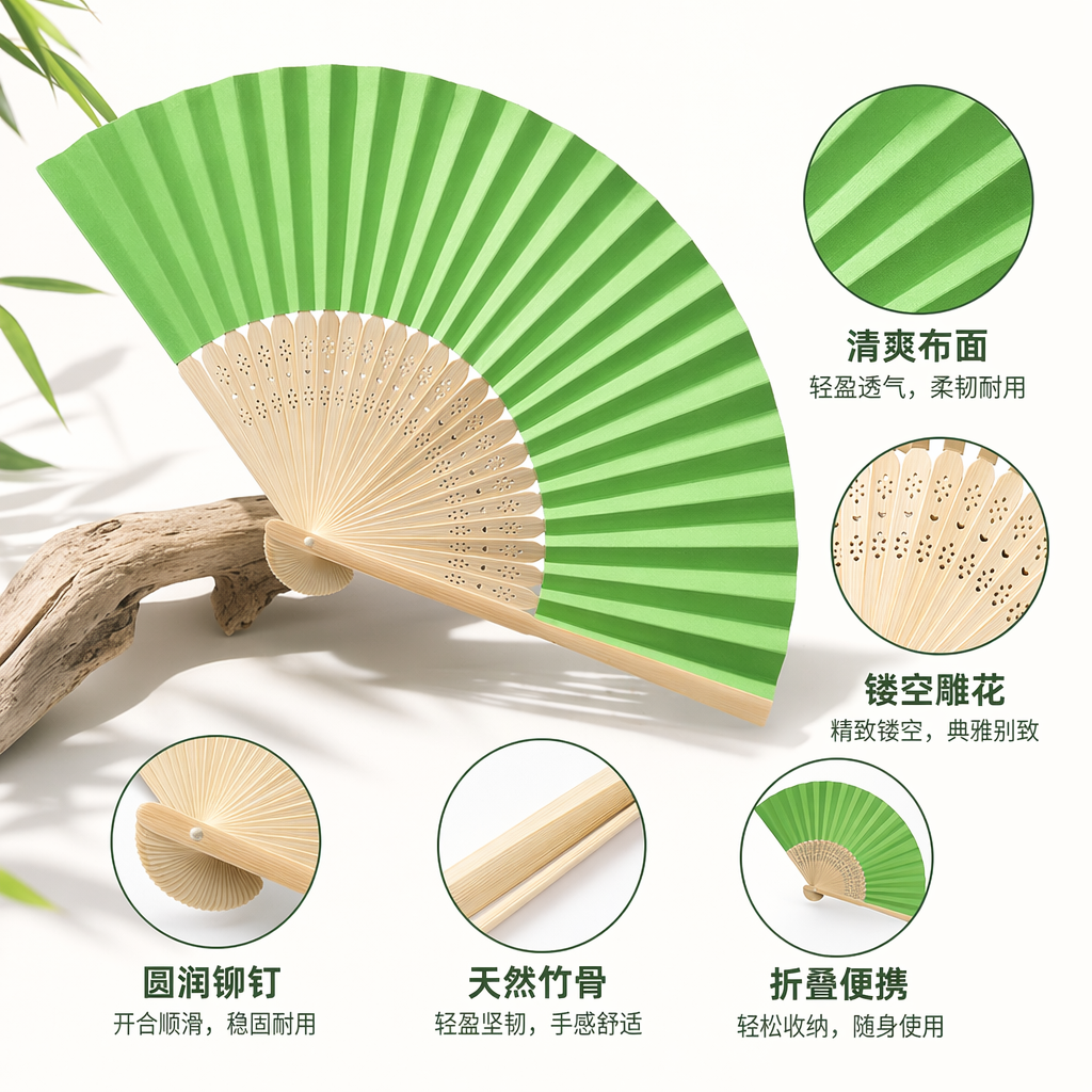 绿色折扇手工竹骨团扇夏季纳凉复古文艺便携折叠扇