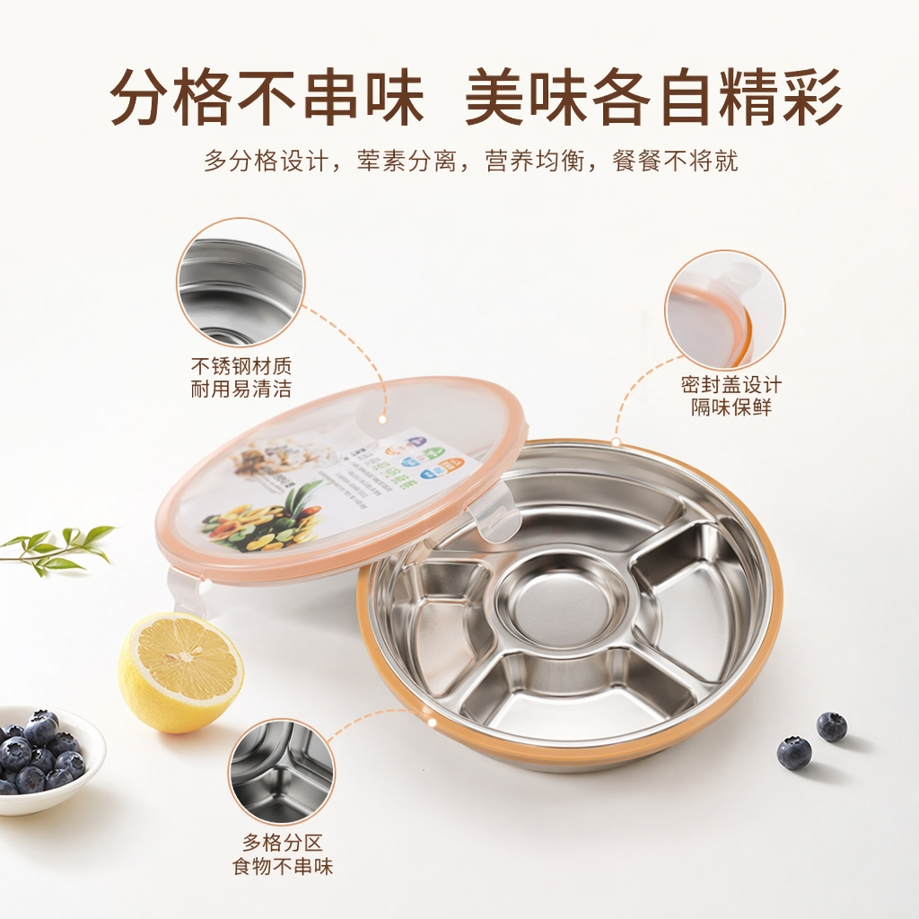 橙边不锈钢分格餐盘家用防滑大容量多格料理盘