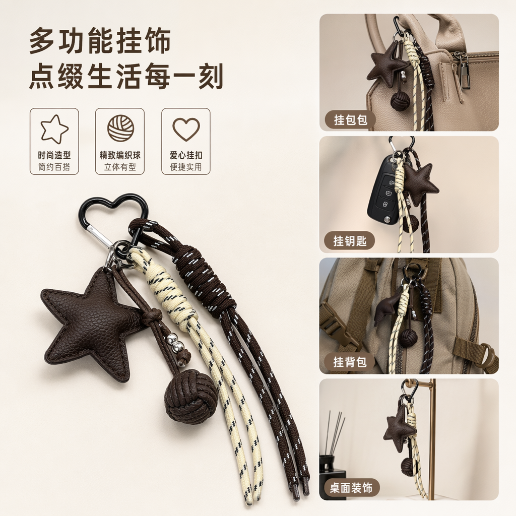 Three sets of star-shaped leather pendant keychains and woven rope knot decorations