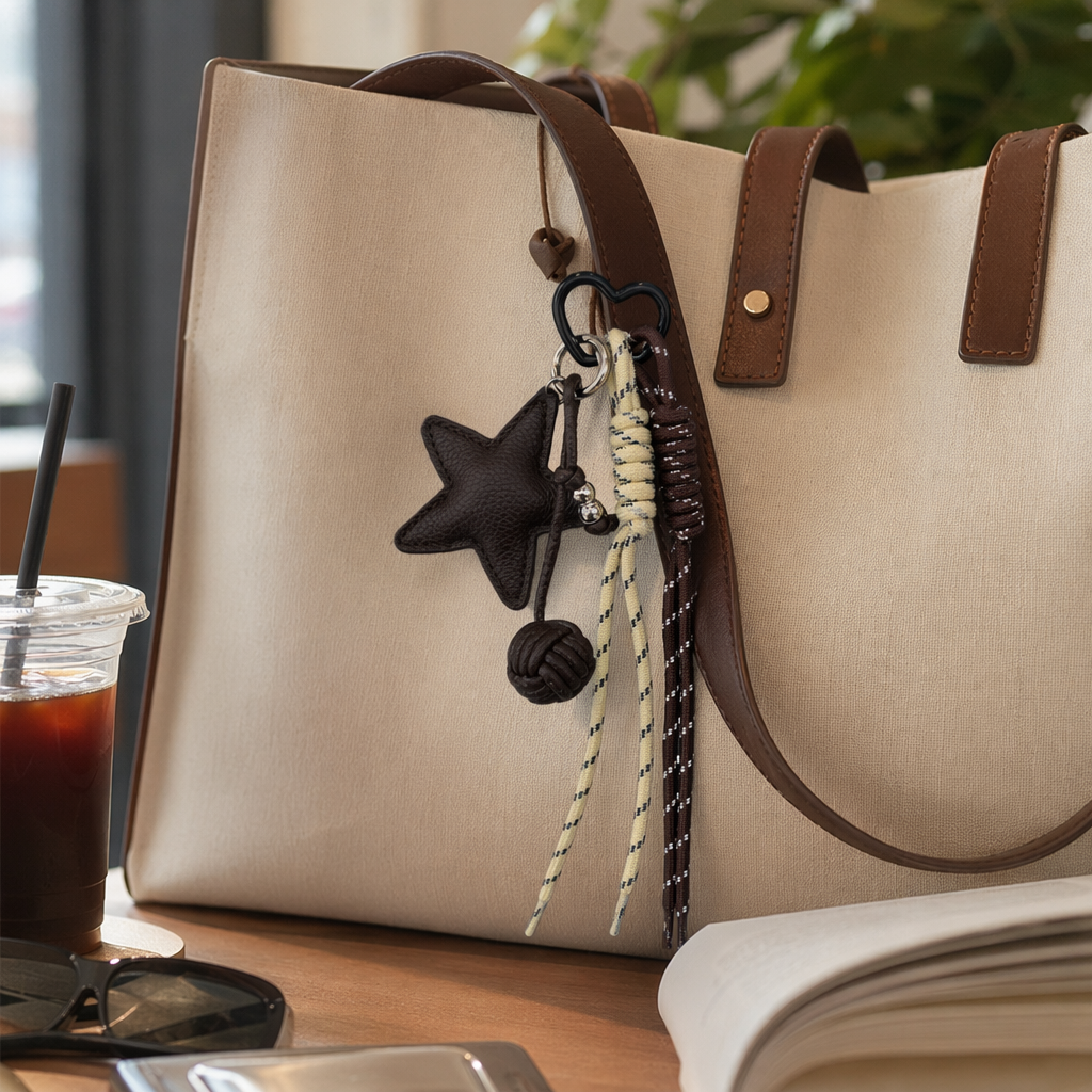 Three sets of star-shaped leather pendant keychains and woven rope knot decorations details Picture