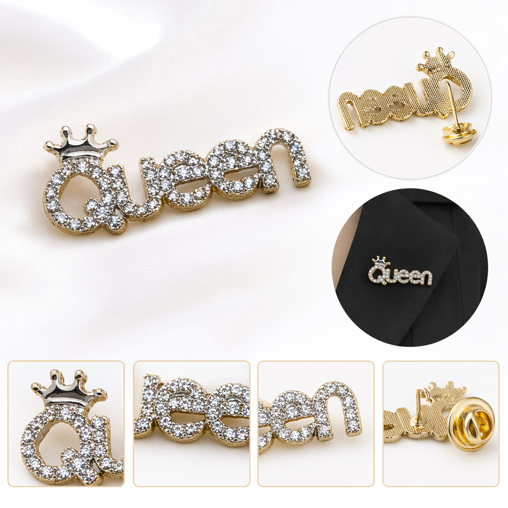 银色镶钻Queen徽章顶部小皇冠木质摆件