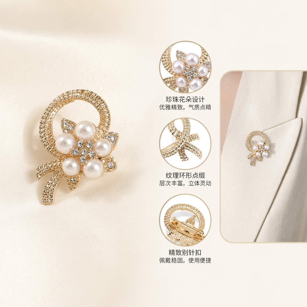 金色珍珠花朵胸针 女士优雅复古饰品 时尚百搭配饰