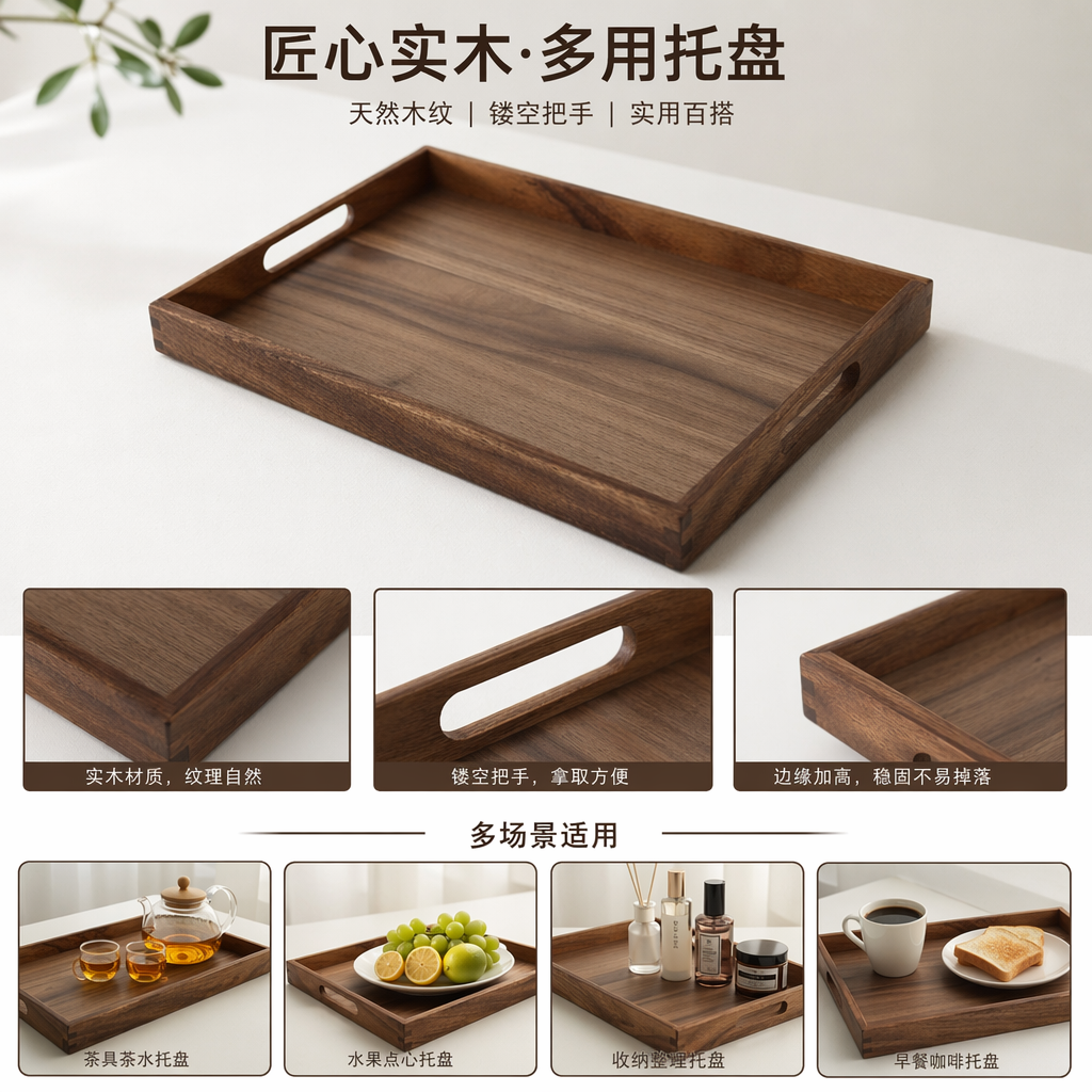 深棕色胡桃木实木托盘家用茶几收纳盘简约北欧风